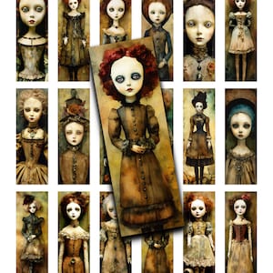 May include: A collage of 15 digital illustrations of vintage dolls with dark eyes and elaborate clothing. The dolls are depicted in various poses and settings, with a focus on their intricate details and whimsical expressions.