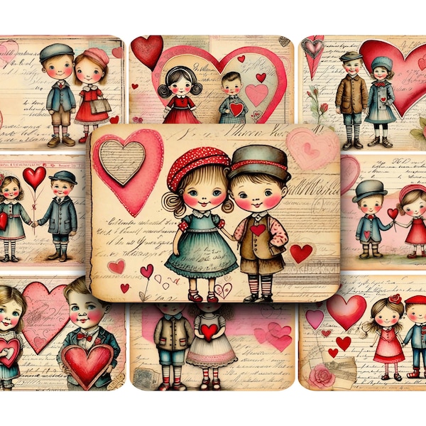 VALENTINE KIDS, Postcards, Printable, Digital, Vintage, ATC, Clip Art, Ephemera, Valentines Day,  Junk Journals, Digi Kit, Hearts