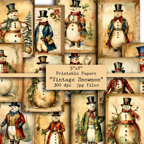 5x7, Digital Paper, Junk Journal, Watercolor, Shabby, Christmas, Snowman, Printable, Digital, Snowmen, Vintage Journal Pages, Victorian, Old