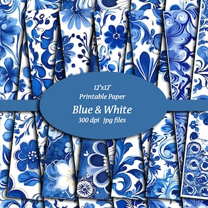 Blue & White Floral Printable Paper: 12x12 Scrapbook Paper (Digital Download)