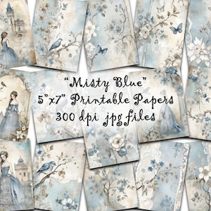 Shabby Chic Junk Journal Paper: Blue Floral Bird Ephemera (Digital Printable)