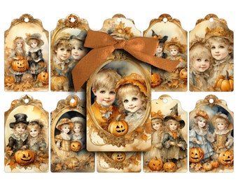 Etiquetas de regalo imprimibles de Halloween vintage: Efímeras infantiles de otoño (descarga digital)