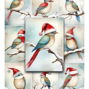 Pássaros da neve, pássaros, Natal, aquarelas, planos de fundo, papel para impressão, ATC, cartões de registro no diário, álbum de recortes, ACEO, papel digital, inverno