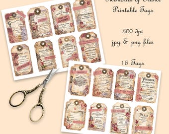 Vintage Style French Travel Tags | Printable Paris Ephemera | Digital Download