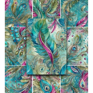 Plumes tourbillonnantes, Aquarelles, Papier imprimable, ATC, Cartes de journalisation, Scrapbooking, ACEO, Papier numérique, Toiles de fond, Coloré