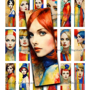 May include: A collage of watercolor portraits of women with retro hairstyles and colorful clothing. The central image features a woman with red hair and blue eyes. The surrounding images have the text "Digital Inspirations".
