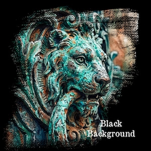 May include: A weathered, oxidized copper-toned lion head door knocker sculpture featuring a textured, verdigris finish with hints of brown rust. The lion is depicted in profile with a ring held in its mouth, set against a solid black background.