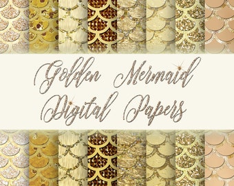 Gold Mermaid Scales Digital Papers Fish Sea Ocean Glitter Instant Download 12x12 Scrapbooking Scrapbook Printable Downloadable Sparkle