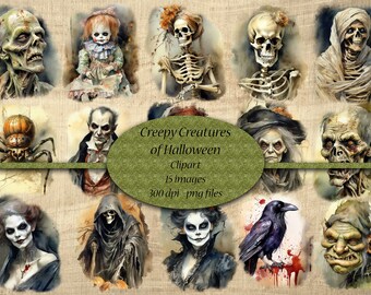 Clipart de Halloween en acuarela: Superposiciones de zombis espeluznantes (Descarga digital)