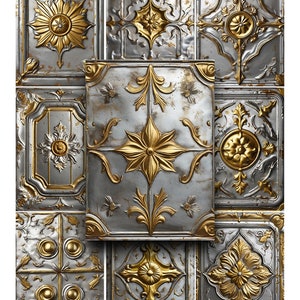 May include: Nine square tin ceiling tiles with a distressed silver finish and gold accents. The tiles feature a variety of ornate floral designs.
