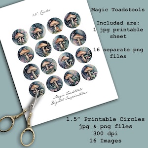 Cercles de 1,5 pouce, Feuille de collage, Images rondes, Autocollants, Fabrication de bijoux, Carnets de voyage, Scrapbooking, Champignons vénéneux, Fées, Nains, Lapins