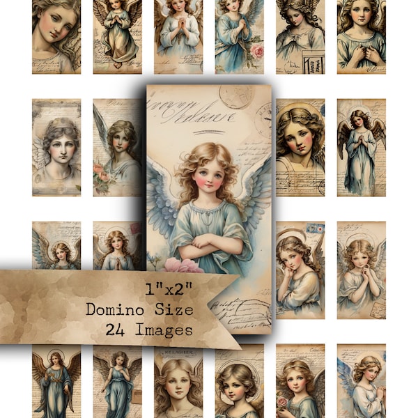 1x2, Domino, ANGELS, Vintage Postcards, Victorian, Antique, Beading, Needlework, Printable, Collage Sheet, Digital, Strips, Pocket Letters