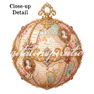 Puede incluir: Un adorno esférico decorativo con filigrana dorada, perlas y camafeos incrustados. La superficie muestra escritura antigua, patrones florales y texturas de encaje en tonos rosa y azul. Está rematado con un colgador dorado ornamentado.