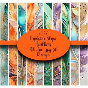 Feathers, Colorful, Printable Strips, Washi, Digital Strips, Printable Washi Tape, Strips, Washi Tape, Junk Journal Supplies, Clipart, Tapes