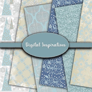 12x12 Digital Scrapbook Paper Blue Christmas Distressed Holiday Wrapping Paper Junk Journals Snowflakes Trees Holidays Winter Graphics