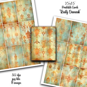 May include: A set of 18 printable cards featuring a rusty damask pattern in shades of orange, brown, and blue. The cards are 2.5 x 3.5 inches and 300 dpi.