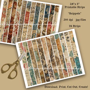 Puede incluir: Dos hojas de tiras imprimibles con diseños vintage, con sellos postales y texturas de papel envejecido. El texto dice "3/4" x 8" Printable Strips", "Snippets", 300 dpi jpg files, y "24 Strips". El texto inferior dice "Download. Print. Cut Out. Create!"
