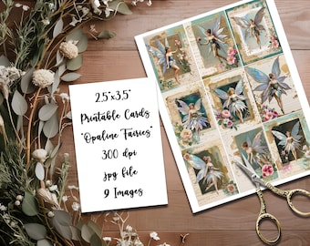 May include: A printable sheet of 9 images featuring opaline fairies with wings, flowers, and vintage-style backgrounds. The sheet is 2.5 inches by 3.5 inches and 300 dpi. The text "Opaline Fairies" is written on the sheet.