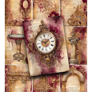 Feuille de collage, numérique, baroque, bordeaux, or, effet vieilli, étiquettes, carnets de voyage, aquarelle, damas, papier imprimable, cartes pour livres, ACEO