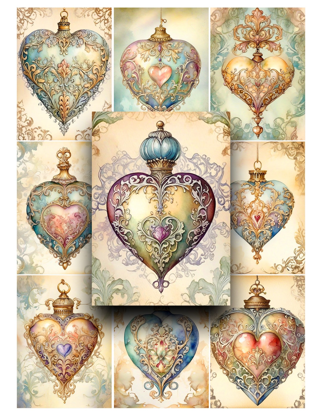 Digital Ephemera, Hearts, Ornate Hearts, Victorian Art, Baubles, Junk