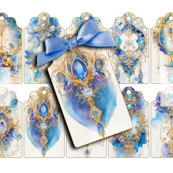 Blue Fantasy Gift Tags Handwriting  Gift Tags Digital Scrapbooking Card Making Printable Tags Elegant Watercolor Junk Journal Clipart Clip