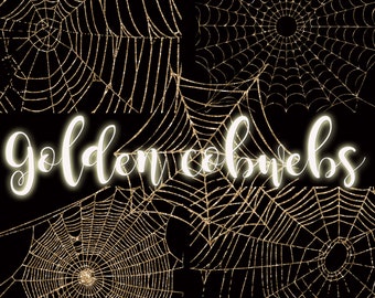 Golden Spider Web Overlays: Glitter Halloween Scrapbook Graphics (Digital Download)