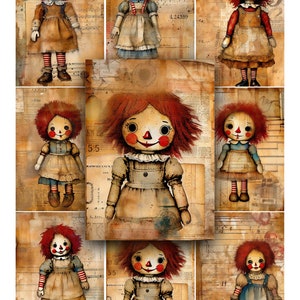 Carnet de bord indésirable, documents éphémères numériques, Raggedy Ann, poupées, étiquettes de carnet, albums éphémères de scrapbooking, clipart poupée de chiffon, poupées de chiffon, usage commercial, vieilles poupées