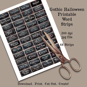 Gothic Word Strips, Halloween Words, Printable, Collage Sheet, Phrases