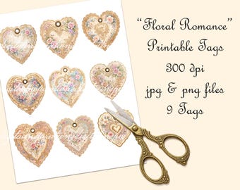 Floral Romance Printable Tags | Heart Shaped Ephemera | Rococo Inspired | Digital Download