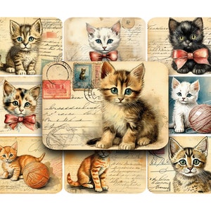 KÄTZCHEN, Postkarten, bedruckbar, digital, Vintage, ATC, ACEO, Katzenclipart, Ephemera, Vintage-Postkarte, viktorianisch, Junk Journals, Digi Kit