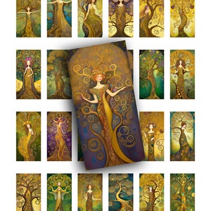 Hoja de collage, 1x2, Domino, Suministros para diario, Efímeras para diario, Árboles, Klimt, Tiras imprimibles, Efímeras imprimibles, Imágenes 1x2, Árbol de fantasía