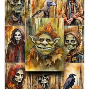 Technique mixte, Aquarelle, Personnages, Automne, Clipart, Clipart, Halloween, Feuilles numériques, Feuilles de collage, Trolls, Sorcières, Zombies