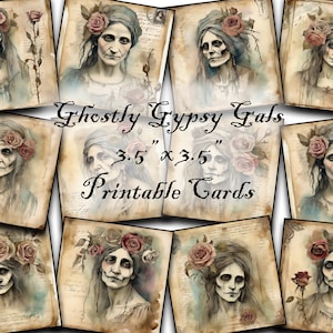 Halloween, imágenes gitanas, gráficos espeluznantes, cuadrados, diarios basura, etiquetas, imprimibles, descargas digitales, gótico, victoriano, antiguo, angustiado