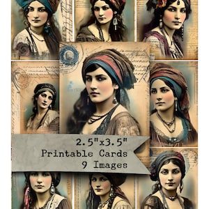 Hoja de collage, digital, gitano, retratos, gitanos, ATC, ACEO, etiquetas, diarios basura, efímeras, papel imprimible, insertos de bolsillo, cartas de bolsillo