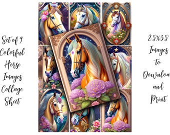 Floral Horse ATC Cards: Colorful Collage Art Backgrounds (Digital Download)