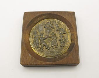 Vintage Dutch Bronze Relief Plaque in Wooden Frame