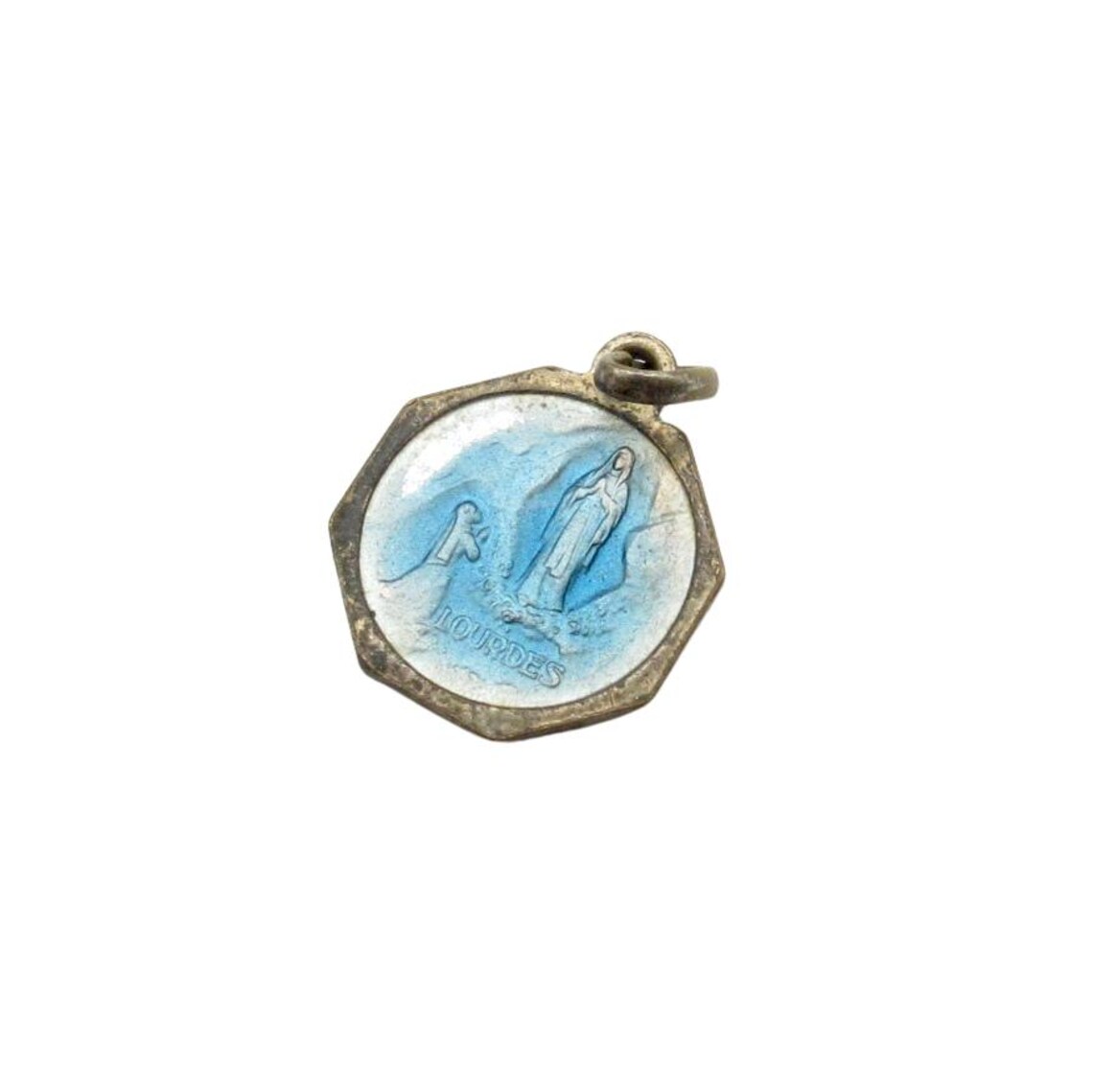 Vintage Our Lady of Lourdes Medal Pendant • Blue Enamel Octagon Charm ...