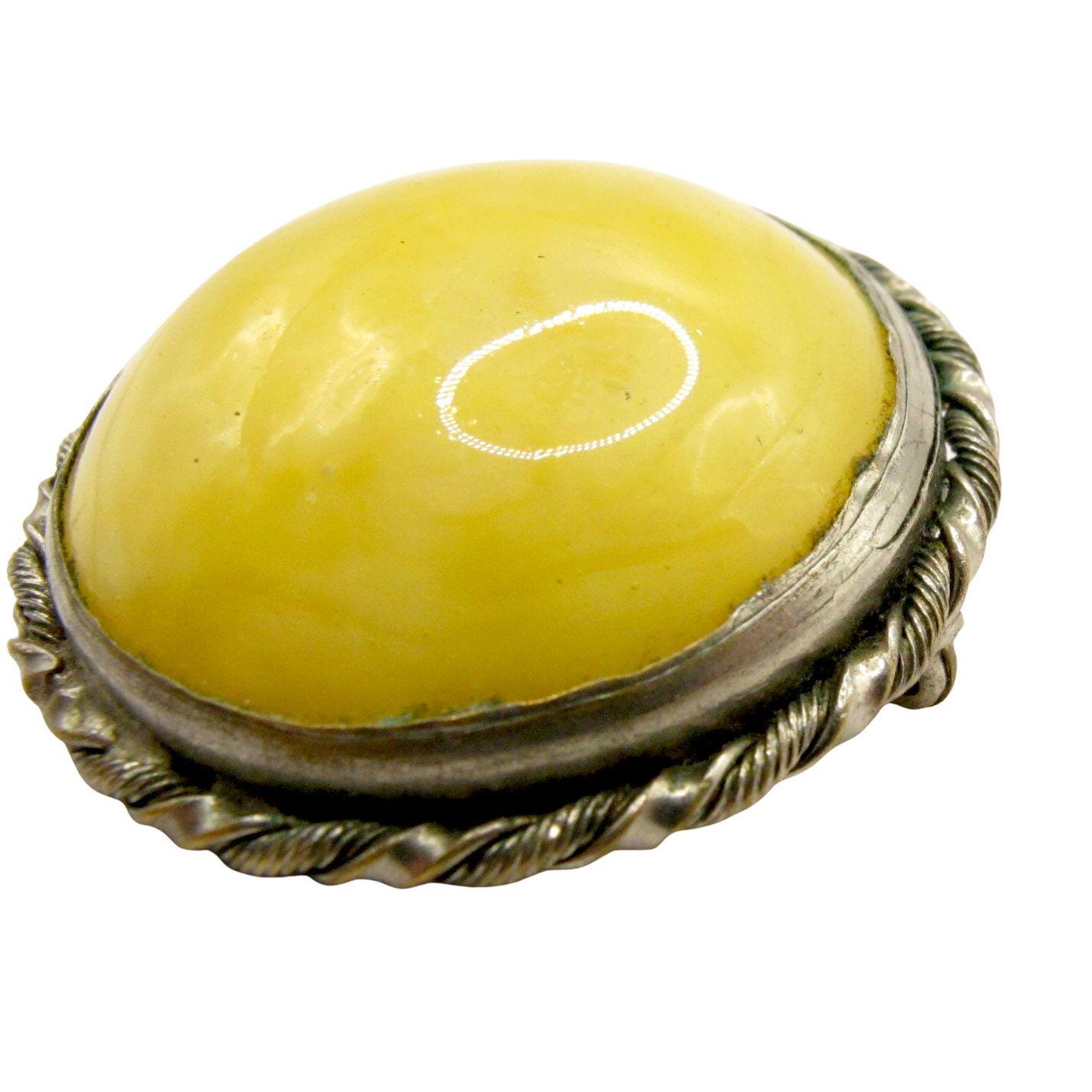 Broche Ancienne Art Déco (années 1920-30) En Métal Ciselé Et Verre Opalescent - Occasion