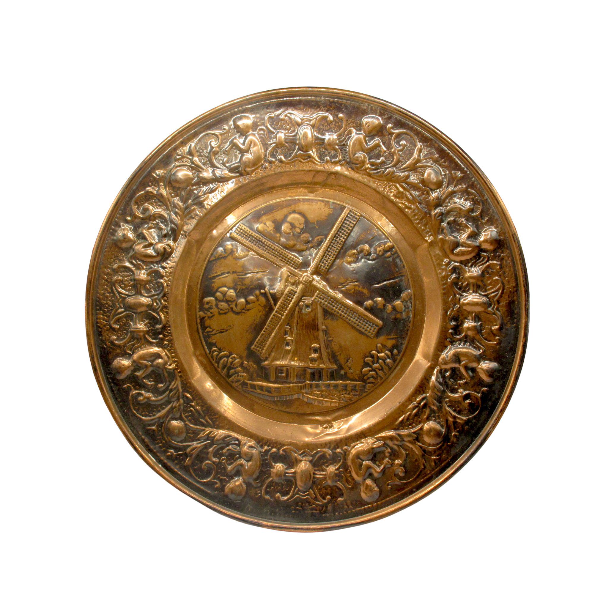 Vintage Hammered Copper Wall Hanging: Dutch Windmill Scenery Decor