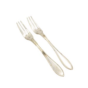 Può includere: Due forchette color argento, ciascuna con tre rebbi. Le forchette hanno un design semplice ed elegante con manici allungati. L'immagine è ambientata su uno sfondo bianco, evidenziando l'argenteria.