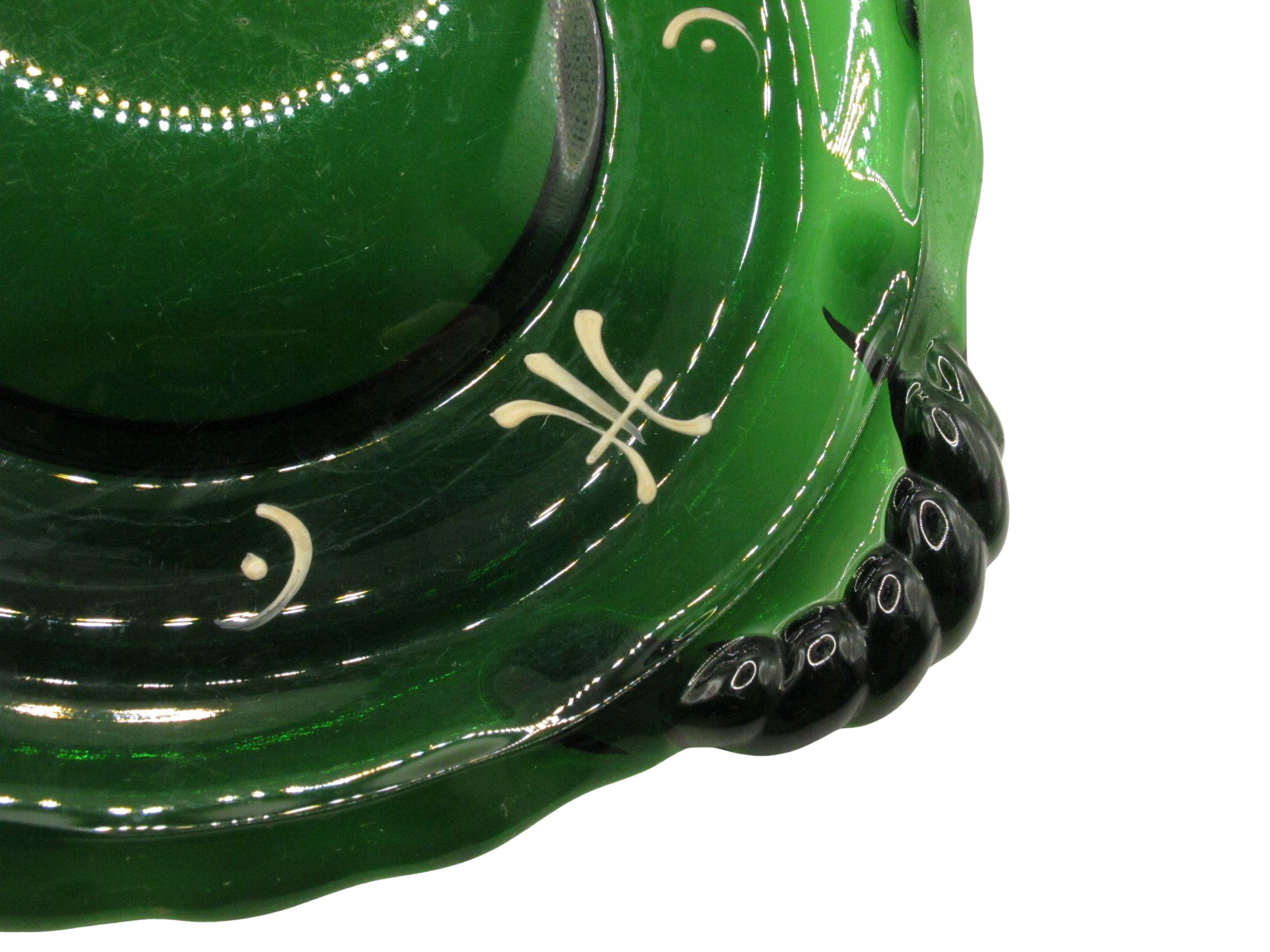 ヴィンテージ エメラルドグリーン ガラス プレート - 手描き