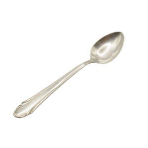 May include: A silver teaspoon with a rounded bowl and a slightly curved handle.