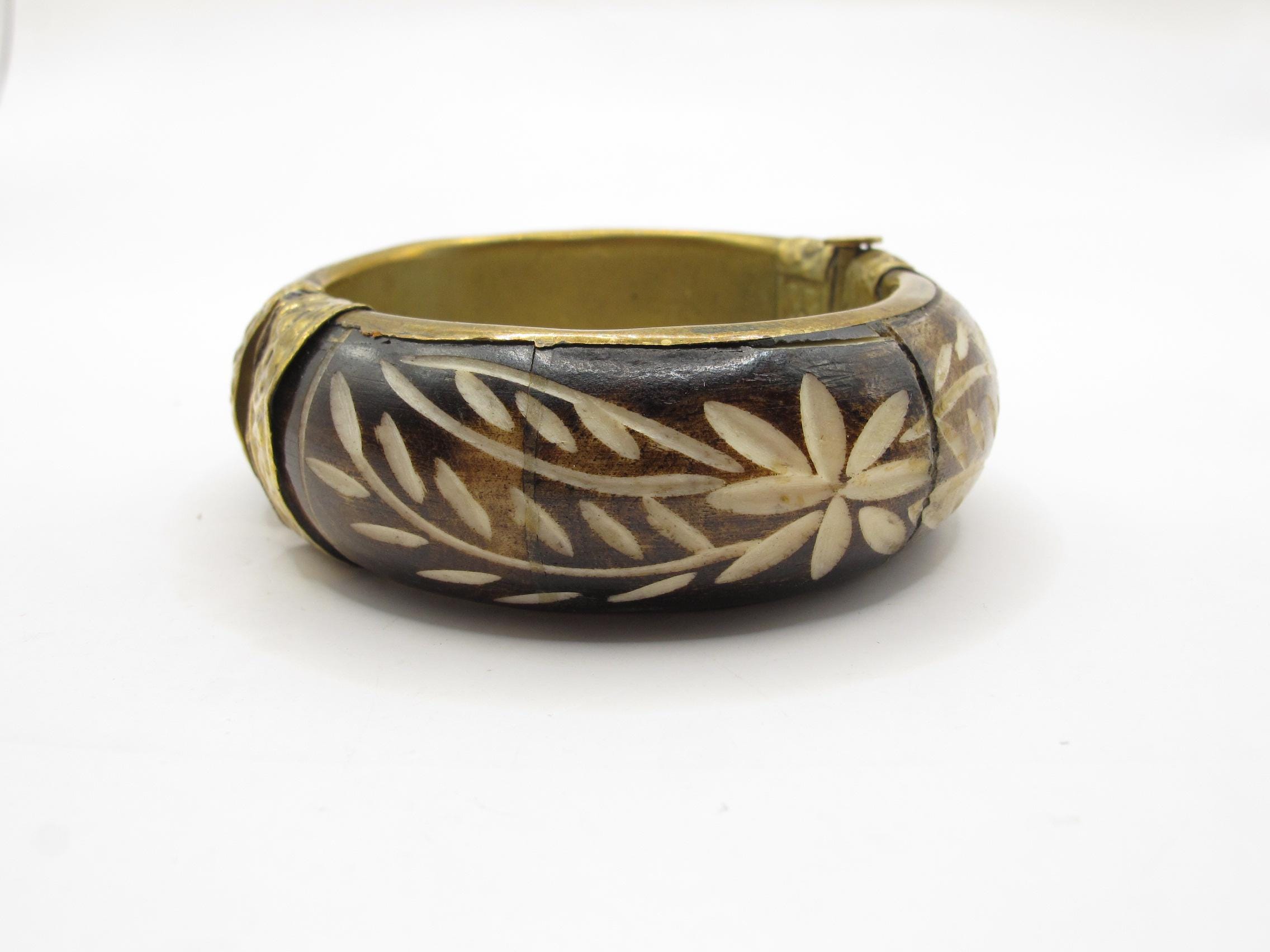 Vintage Hand Carved Horn Bangle Bracelet | Dark Brown Floral