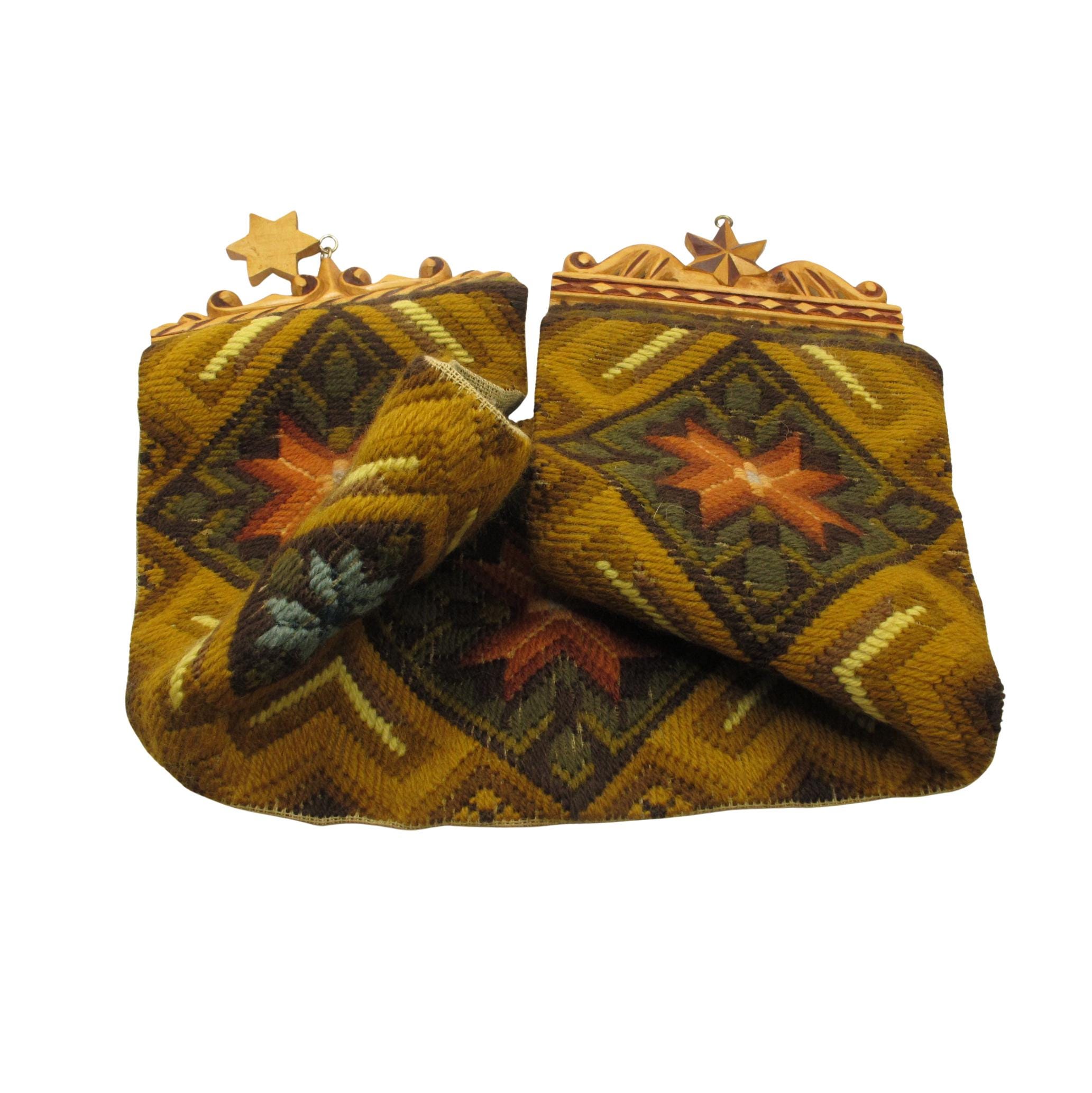 View of Vintage Scandinavian Textile Wall Hanging With Carved Wooden Ends, Folk ...