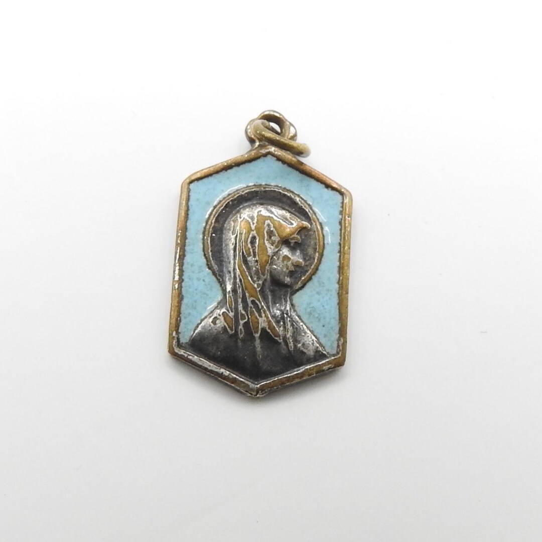 Vintage Our Lady of Lourdes Pendant Silver Tone With Blue Enamel and ...