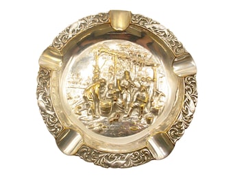Vintage versilberter Messingaschenbecher: Rustikale Szene, EPNS Holland