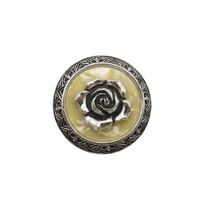 Vintage West Germany floral shawl clip with silver tone rose and mother of pearl style center