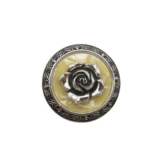 West Germany Shawl Clip Rose Floral Silver Tone 1960s Scarf Ring Mother of Pearl Style Mid Century Jewelry