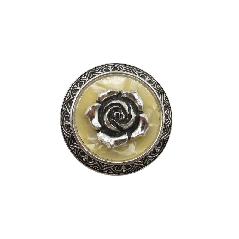 Vintage West Germany floral shawl clip with silver tone rose and mother of pearl style center
