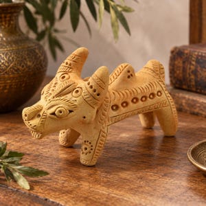 May include: A light brown terracotta animal figurine featuring intricate incised geometric patterns, circular motifs, and stylized horns. The four-legged creature has a textured surface with carved details across its head, back, and legs.